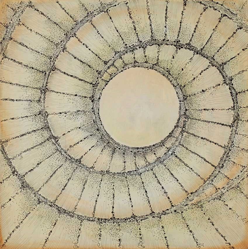 10-Penny-Cerling-Bur-Clover-Spiral-Structure-13-Bur-Clover-series-2017-Pen-ink-and-oil-on-wood-16-x-16-in.