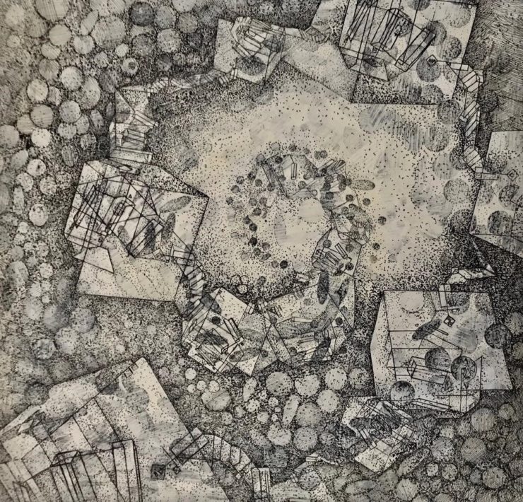 9-Penny-Cerling-Charting-the-Unseen-WaterMalaria-4.11-2011-Pen-ink-and-oil-on-wood-16-x-16-in.
