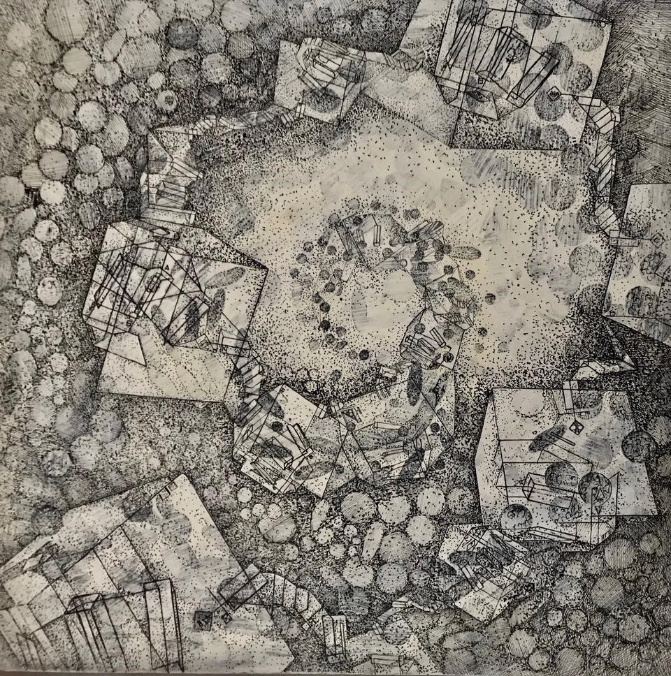 9-Penny-Cerling-Charting-the-Unseen-WaterMalaria-4.11-2011-Pen-ink-and-oil-on-wood-16-x-16-in.