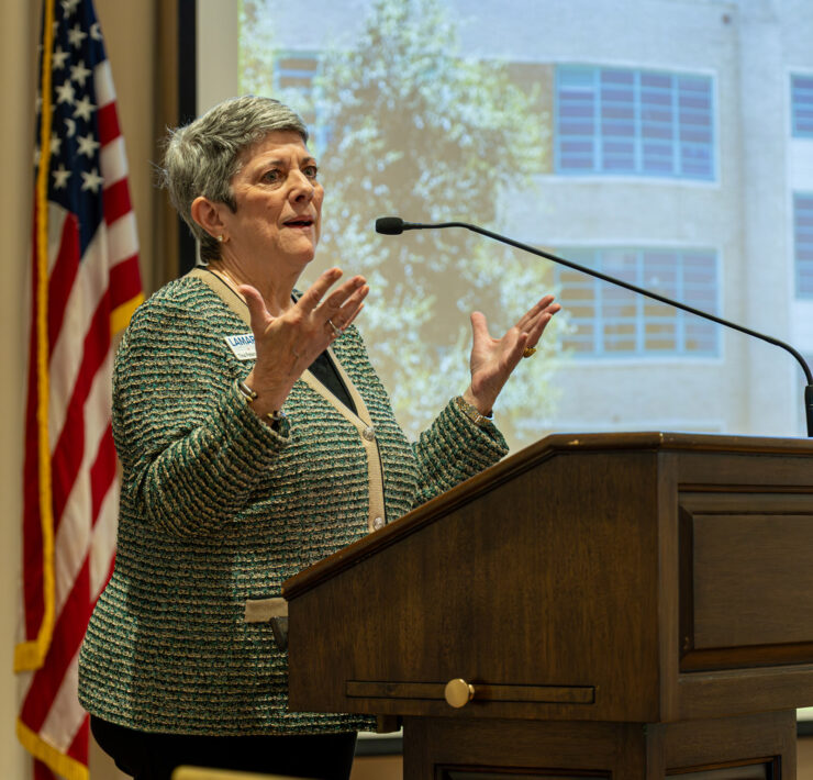 LHSAA Photo 30 Lamar Alumni Association Executive Director Tina Peters Berry, class of 1971, speaking about the alumni projects and scholarship program