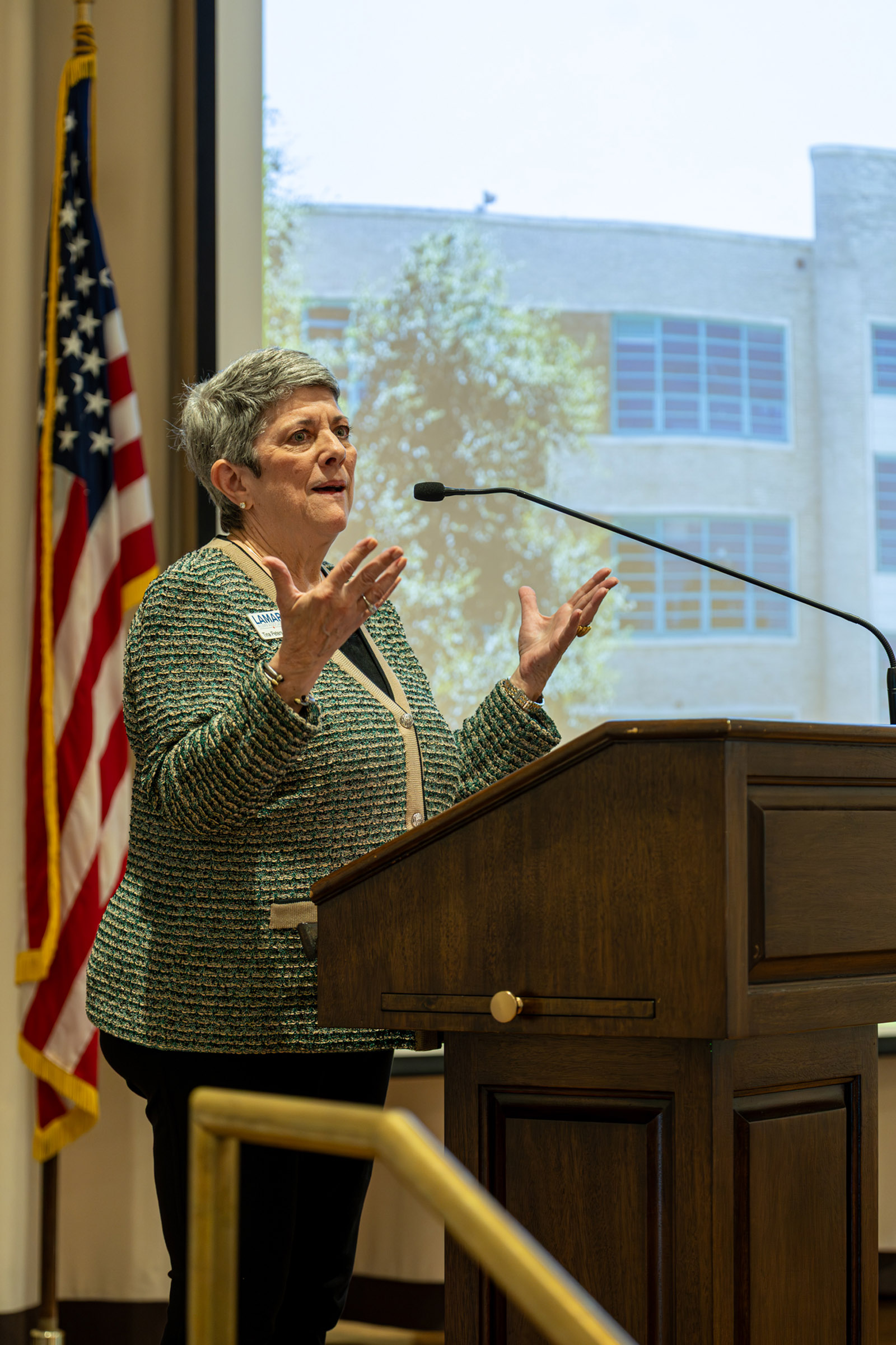 LHSAA Photo 30 Lamar Alumni Association Executive Director Tina Peters Berry, class of 1971, speaking about the alumni projects and scholarship program